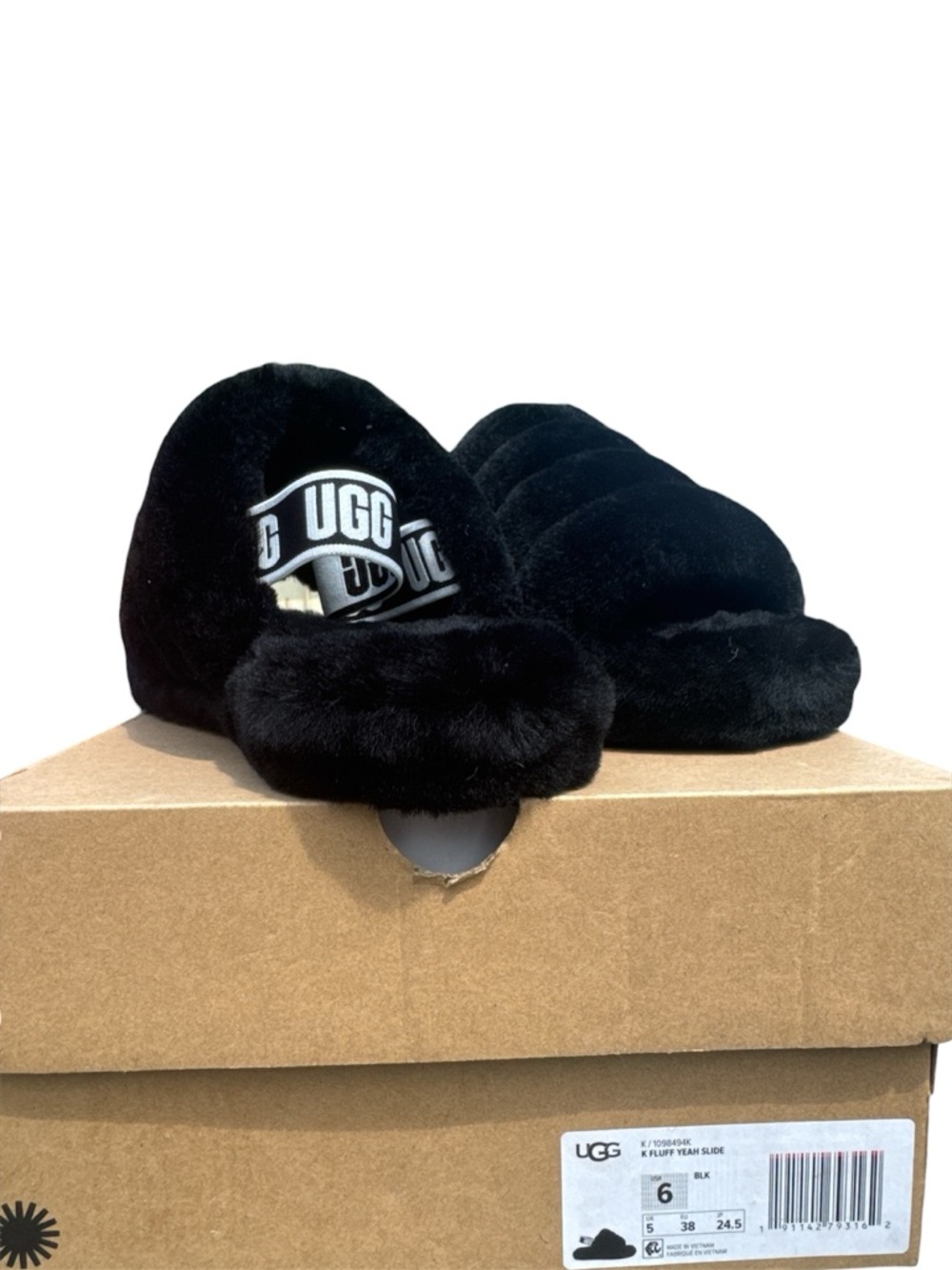 UGG Black Plush Slide Slippers with Logo Strap
